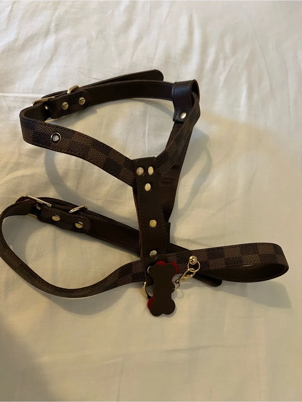 Louis Vuitton Brown Checkered Dog Harness with Gold-Tone Hardware